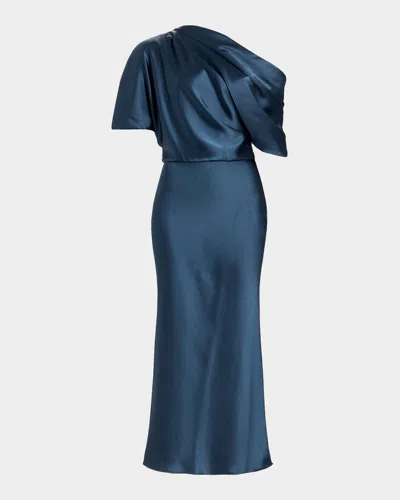 Amsale Draped Satin Pencil Midi-dress In French Blue