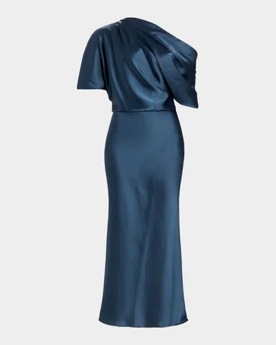 Amsale Draped Satin Pencil Midi-dress In French Blue