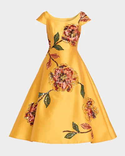 Amsale Floral Embellished Mikado Tea-length Dress In Yellow