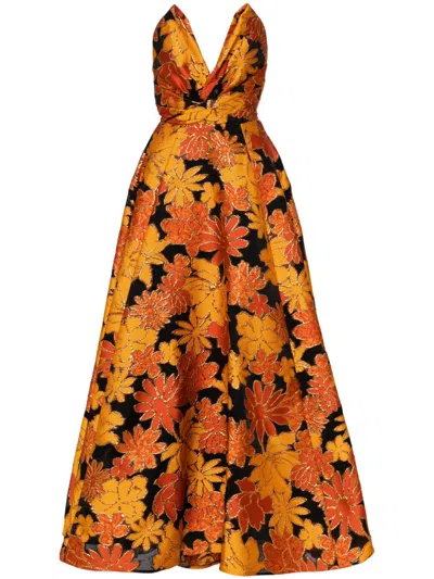 Amsale Floral Jacquard Gown In Orange