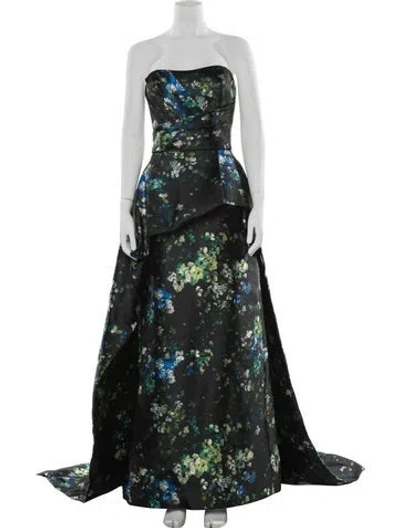 Pre-owned Amsale Floral Print Long Dress In Black