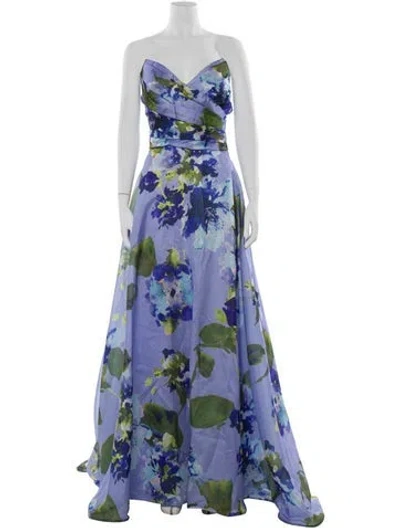 Pre-owned Amsale Floral Print Long Dress In Blue