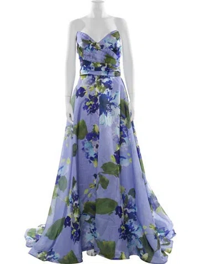Pre-owned Amsale Floral Print Long Dress In Blue