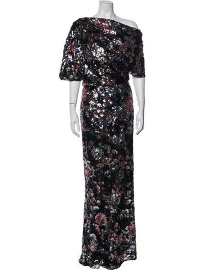 Pre-owned Amsale Floral Print Long Dress In Blue