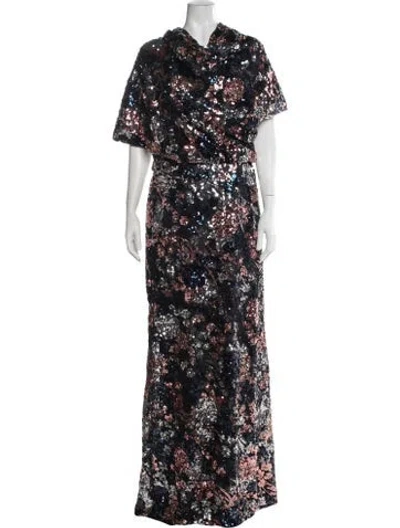 Pre-owned Amsale Floral Print Long Dress In Blue