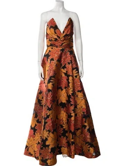 Pre-owned Amsale Floral Print Long Dress In Orange