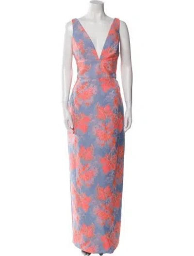 Pre-owned Amsale Floral Print Long Dress W/ Tags In Blue