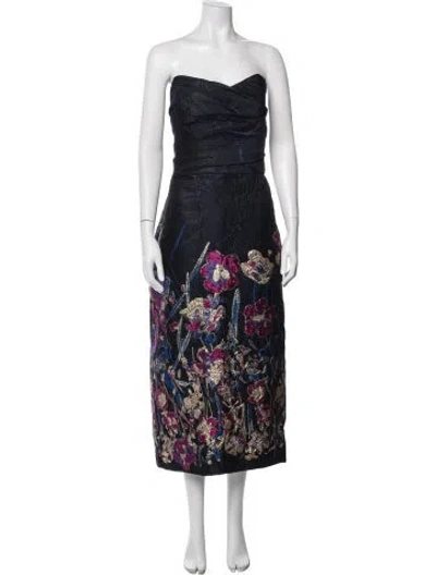 Pre-owned Amsale Floral Print Midi Length Dress In Blue