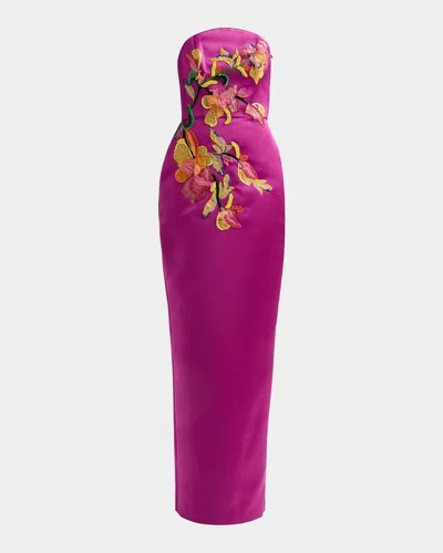 Amsale Floral Satin Strapless Column Gown In Nude
