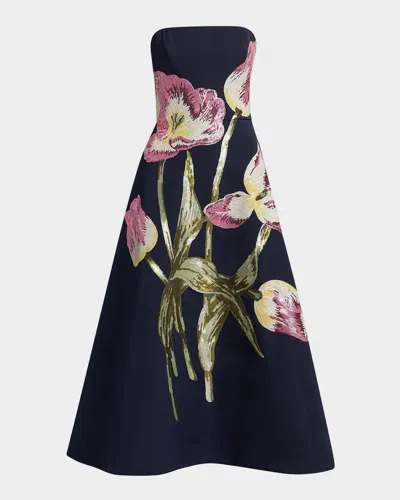 Amsale Floral Sequined Strapless Midi Cocktail Dress In Blue