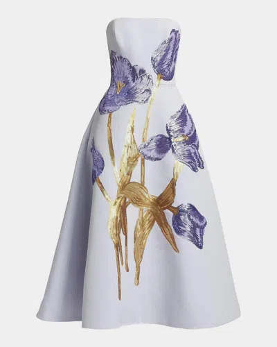 Amsale Floral Sequined Strapless Midi Cocktail Dress In White