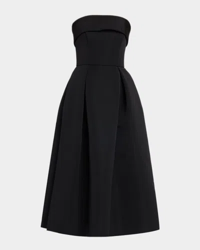 Amsale Foldover Strapless Faille Pleated Midi Dress In Black