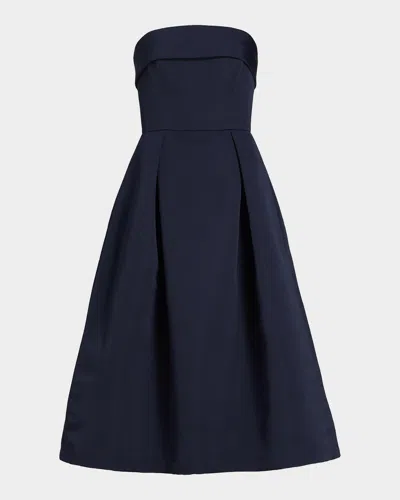 Amsale Foldover Strapless Faille Pleated Midi Dress In Blue