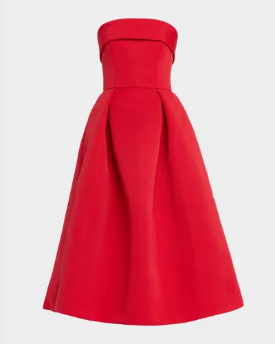 Amsale Foldover Strapless Faille Pleated Midi Dress In Red