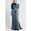 Amsale Gathered One-shoulder Satin Gown In Petrol