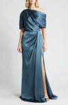 AMSALE GATHERED ONE-SHOULDER SATIN GOWN