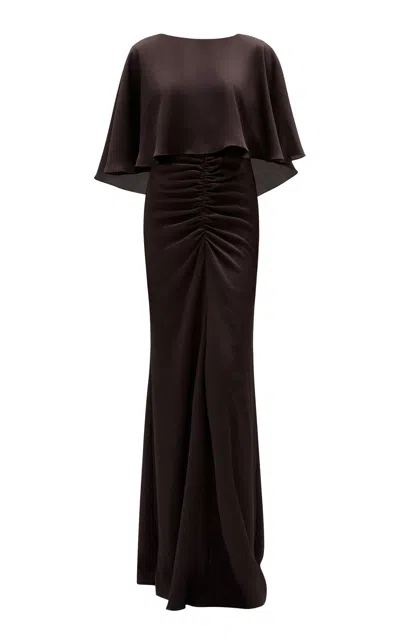 Amsale Hammered Satin Cape Gown In Brown