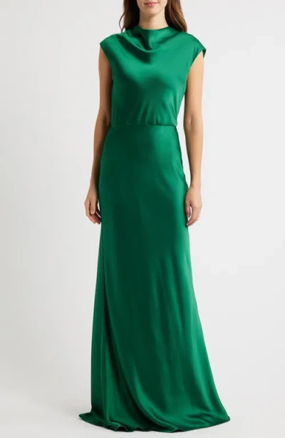 Amsale High Cowl Neck Satin Gown In Emerald