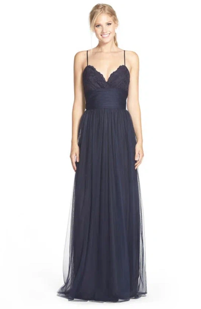 Amsale Lace & Tulle Spaghetti Strap Gown In Navy
