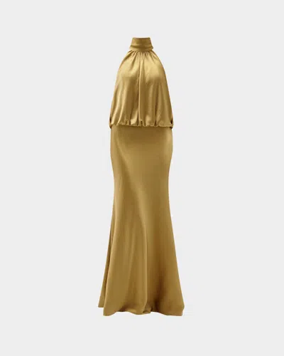 Amsale Long Satin Halter Blouson Gown In Green