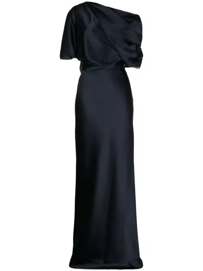 Amsale Draped Satin One-shoulder Midi-dress In Black