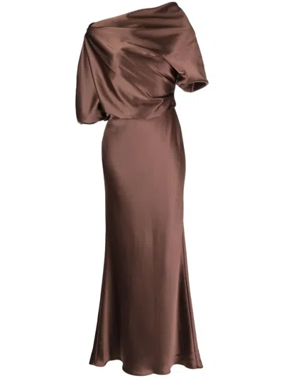 Amsale Off-shoulder Draped Maxi Dress In Brown