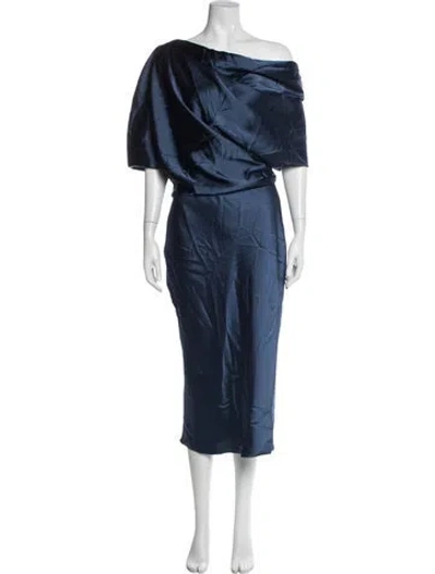 Pre-owned Amsale Off-the-shoulder Midi Length Dress In Blue