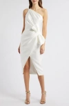 Amsale One Shoulder Wrap Bow Midi Dress In Ivory