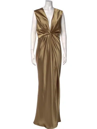 Pre-owned Amsale Plunge Neckline Long Dress In Gold