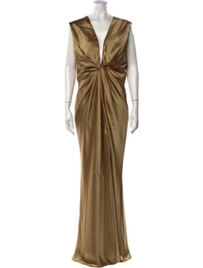 Pre-owned Amsale Plunge Neckline Long Dress In Yellow