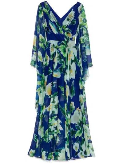 Amsale Printed Chiffon Kimono-sleeved Gown Dress In Blue