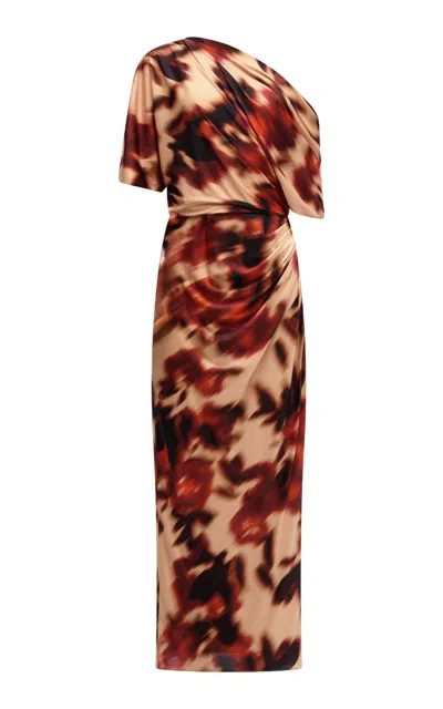 Amsale Printed Draped Dress In Brown