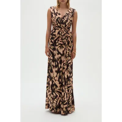 Amsale Printed Satin Jersey Dress In Brown