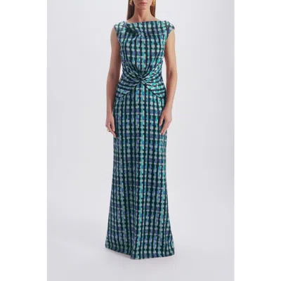 Amsale Printed Twist Knot Gown In Blue