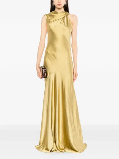 Amsale Satin Asymmetric Drape Gown In Yellow