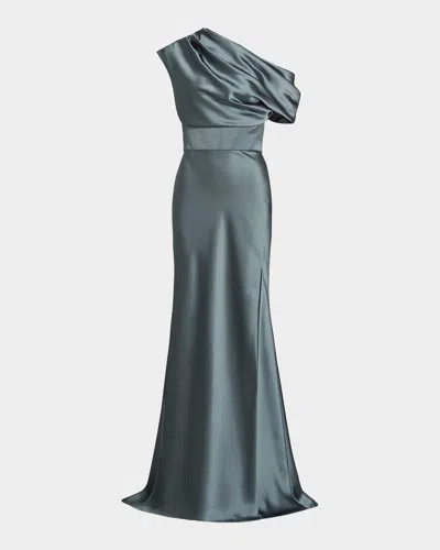 Amsale Satin One-shoulder Gown In Blue
