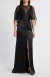 Amsale Sleeveless Satin Trumpet Gown With Silk Cape In Black
