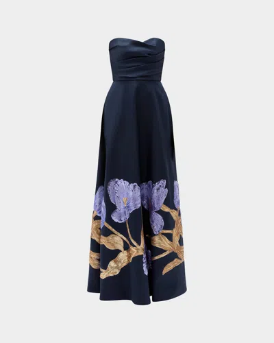 Amsale Strapless Floral Trim Long Gown In Blue