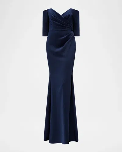 Amsale Stretch Crepe Off-the-shoulder Gown In Blue