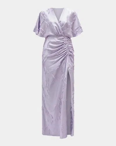 Amsale Textured Floral Jacquard Flutter-sleeve Maxi Dress In Lilac