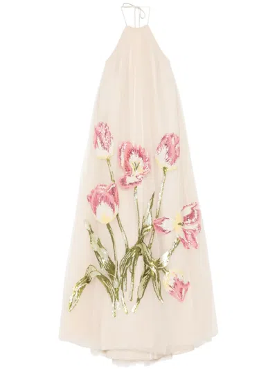 Amsale Tulip Sequin Appliqué Halter Dress In Neutrals