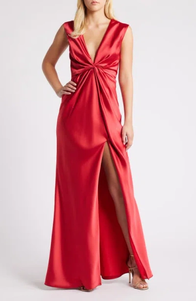 Amsale Twist Front Satin V-neck Gown In Lipstick Red