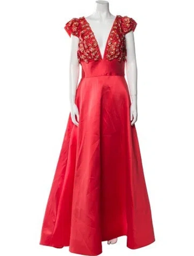 Pre-owned Amsale V-neck Long Dress In Red