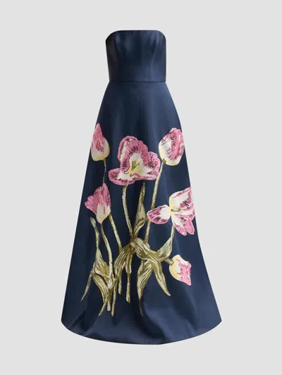 Amsale Women's Brocade Strapless Watteau Gown In Blue