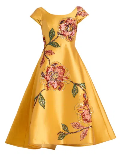 Amsale Floral Embellished Mikado Tea-length Dress In Yellow