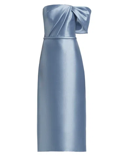 Amsale Bow Midi Satin Cocktail Dress In Smokey Blue