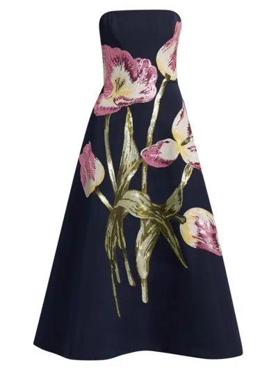 Amsale Floral Sequined Strapless Midi Cocktail Dress In Blue