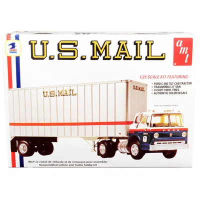 Amt 17 In. Ford C900 Truck Tractor With Trailer Usa Mail Plastic Model Kit In White