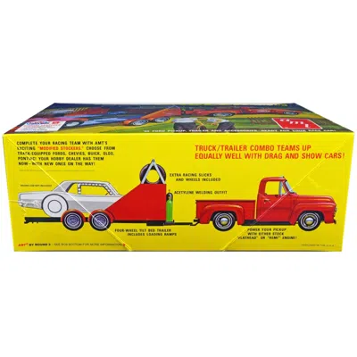 Amt Skill 2 Model 1953 Ford Pickup With Modified Stocker Hauler Gulf Oil 1-25 Scale Model Truck In Red