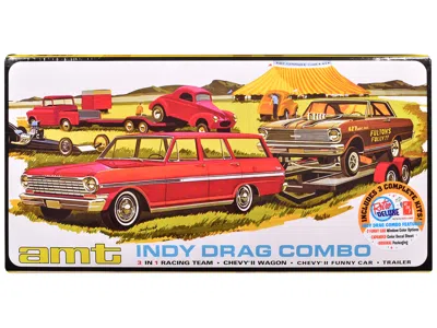Amt Skill 2 Model Kit Indy Drag Combo Chevrolet Ii Wagon And Funny Car With Trailer 3 In 1 Set 1/25 Scal In Multi